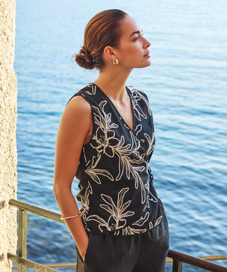 Top Wrap Over Flower Embroidery - Black