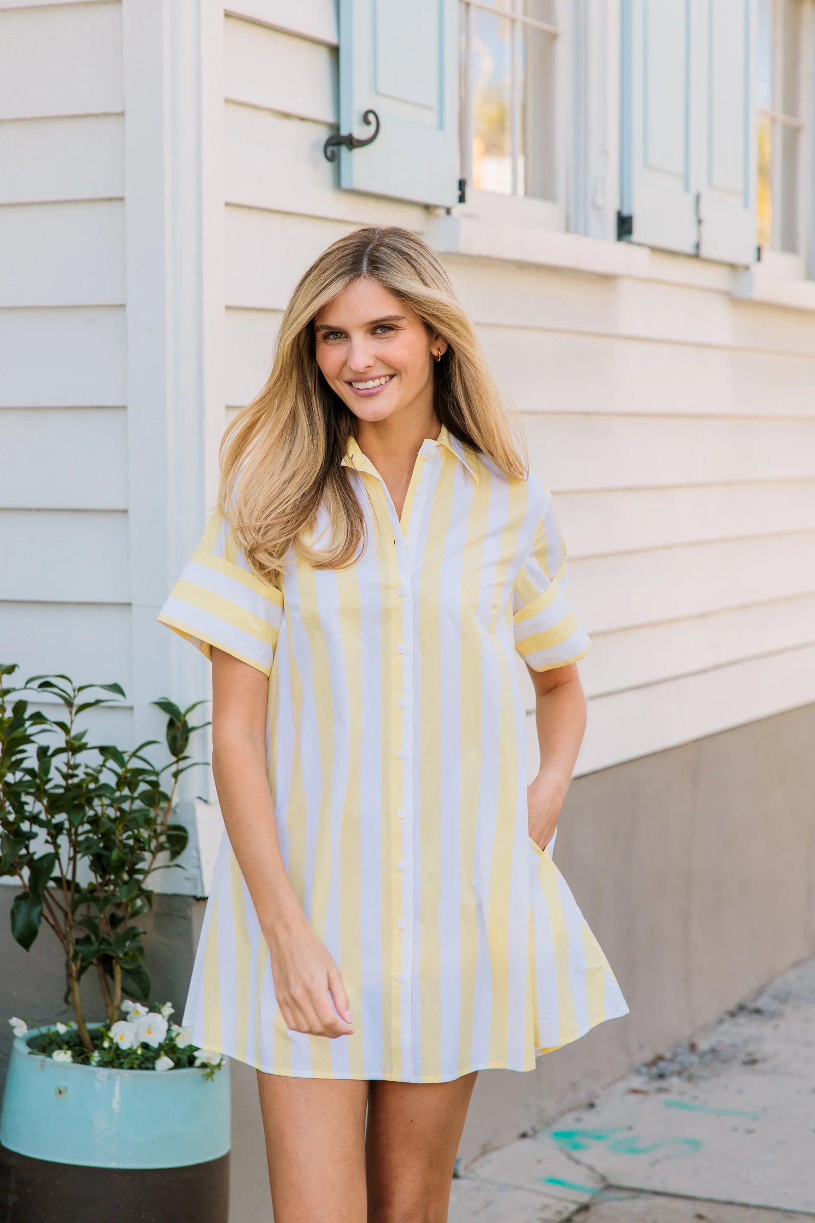 yellow stripe shirt dress Yacht Club Chic Mini in S / Yellow neckline Button Striped Extended Sleeved Easy Shirt