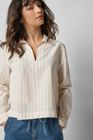 Striped Split Neck Collared Shirt - Ivory/White Stripe