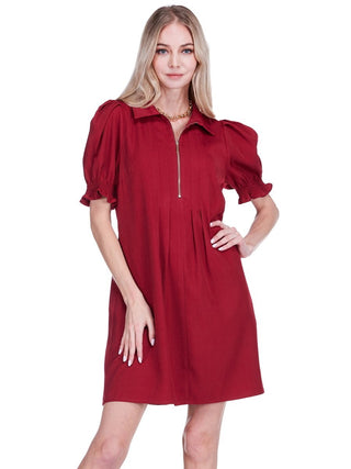 Front Zip Darts Dress - Wine