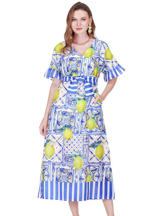 Placket Bell Sleeve Dress - Lemon Tiles