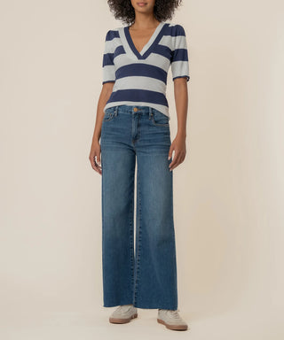 Yona Striped V-Neck Short Sleeve Sweater - White/Navy