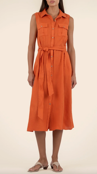 Bowie Button Down A Line Sleeveless Dress - Orange