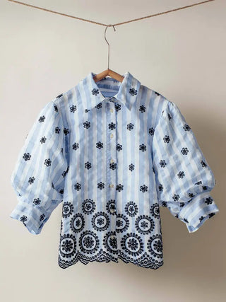 Striped Floral Embroidered Scallop Blouse - Blue
