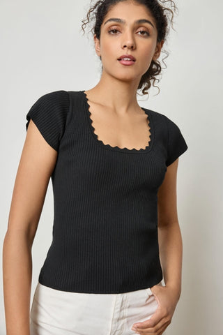 Cap Sleeve Scallop Neck Sweater - Black