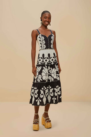 Summer Black and White Cutwork Midi Dress