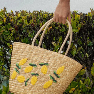 Tropical Lemon Embroidered Straw Tote - Tan