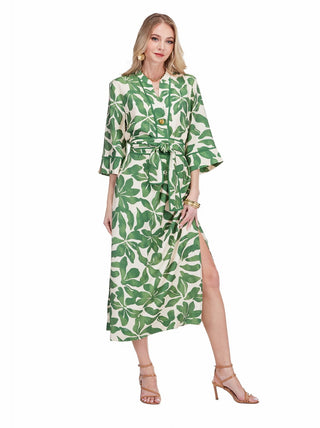 Button Pleated Midi Dress 50" - Ivory Fern