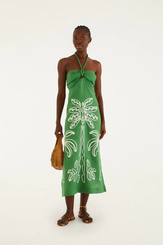 Green Palm Tree Embroidery Sleeveless Midi Dress