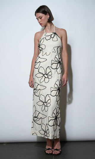 Josie Large Embroidery Floral Halter Dress - Ivory/Black