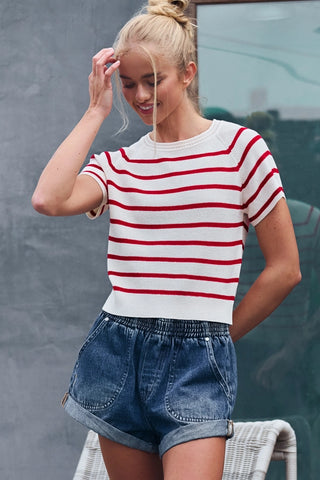 Classic Striped Raglan Sleeve Knit Top - Ivory/Red