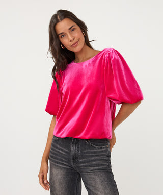 Blouse Cropped Ballon Velvet - Berry