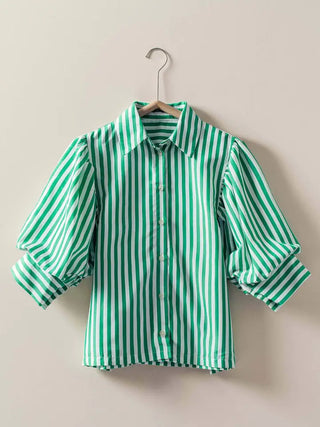 Western Boho Drop Waist Blouse - Green Stripe