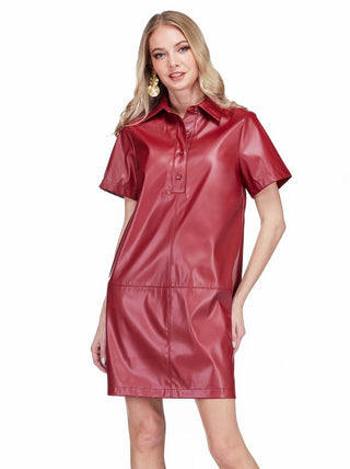 Vegan Leather Placket Dress - Wine