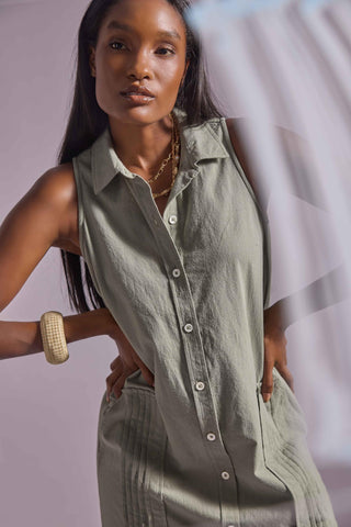 Sleeveless Pleat Pocket Dress - Sage