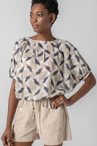 Short Sleeve Tie Waist Top - Neutral Ikat Print