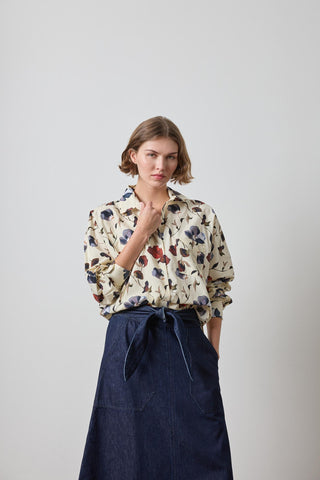 Dolman Sleeve Button Down Shirt - Blue Poppy Print